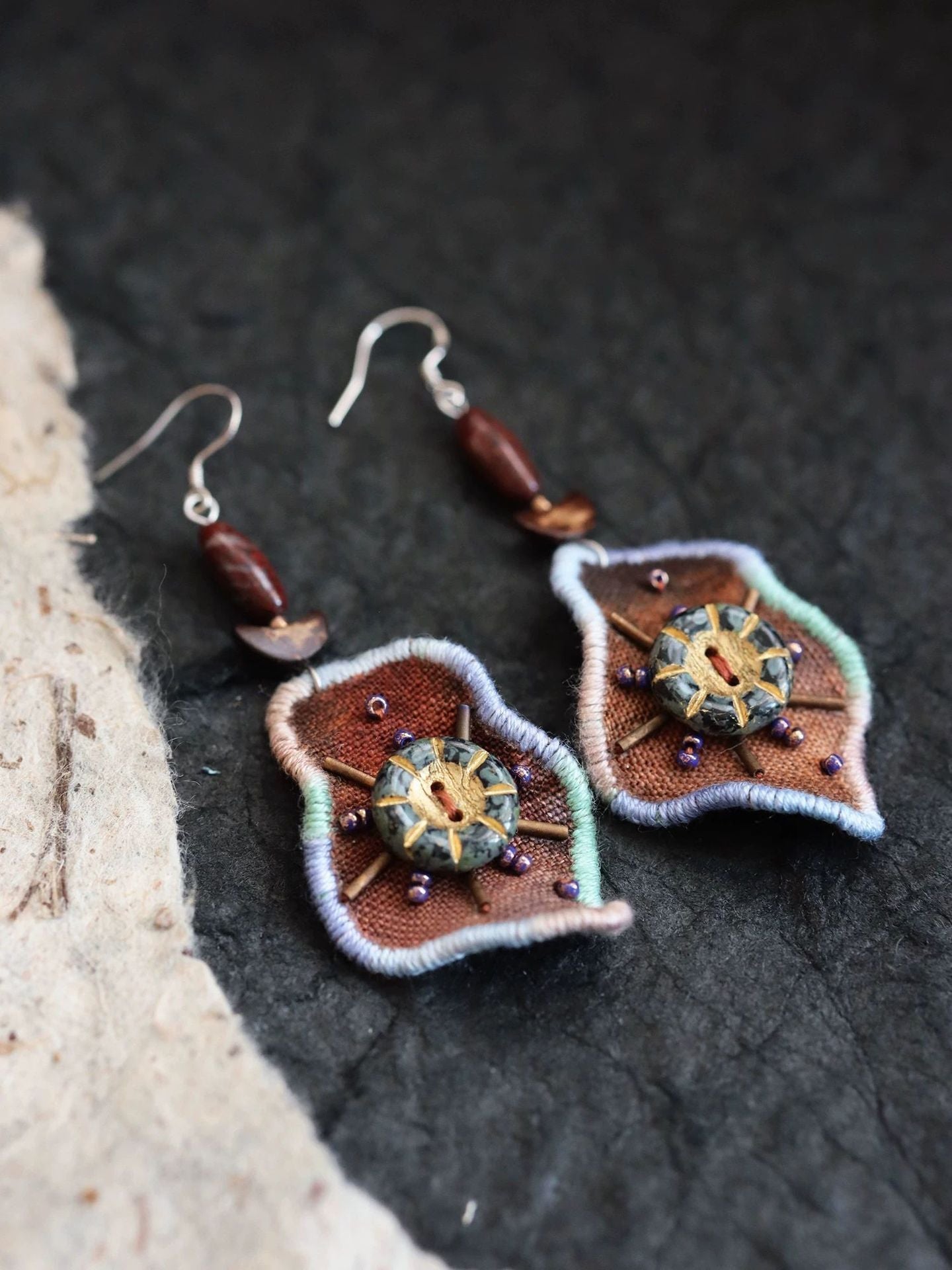 Organic Shape Textile Earrings β Bronze Starburst & Natural Jasper Stone π§΅