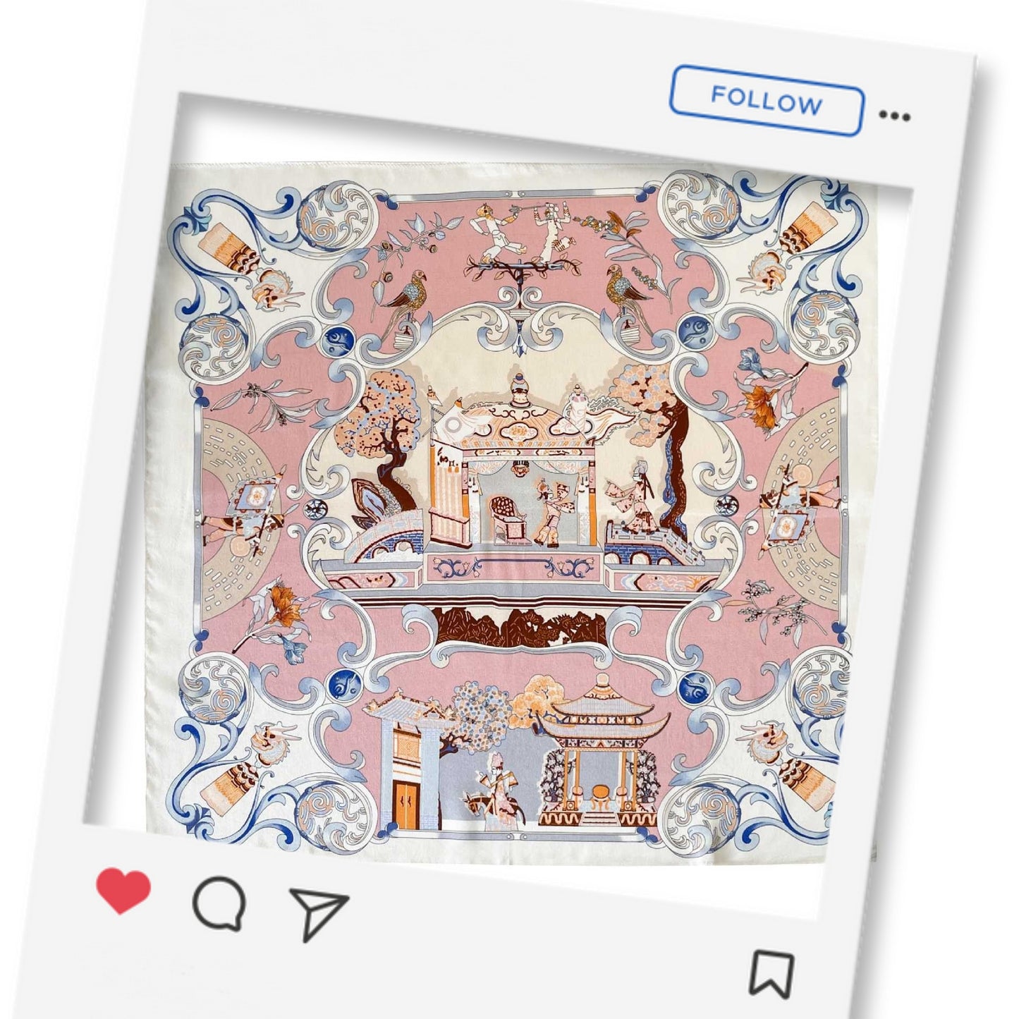 Romantic Chinoiserie Silk Scarf – Pink & Blue Oriental Garden Print