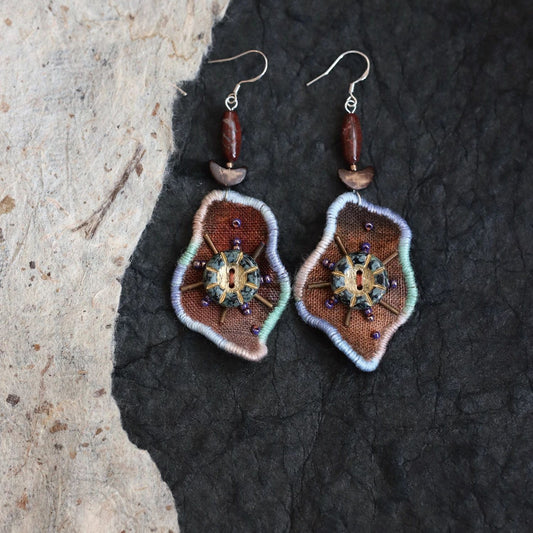 Organic Shape Textile Earrings — Bronze Starburst & Natural Jasper Stone 🧵
