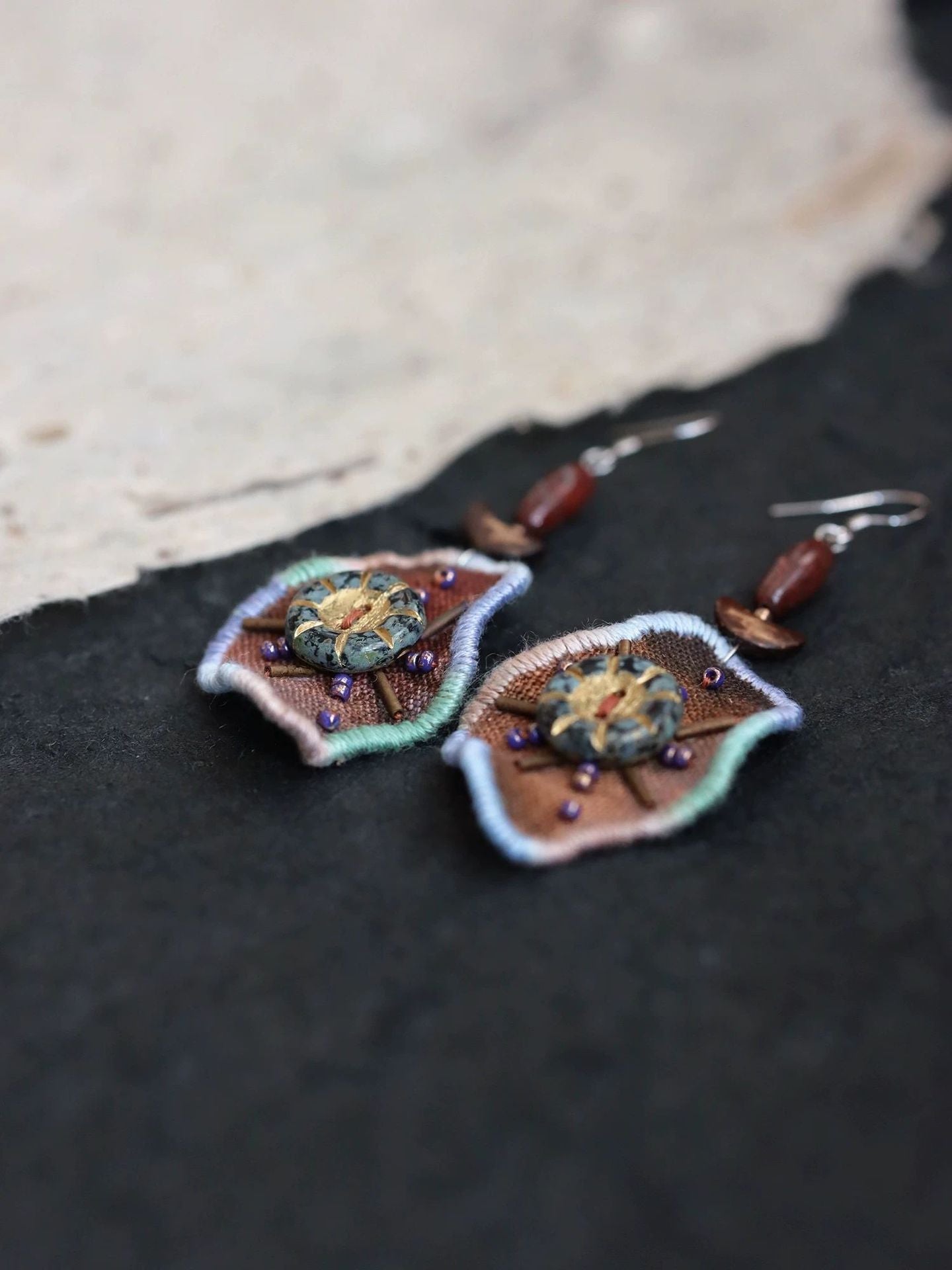 Organic Shape Textile Earrings — Bronze Starburst & Natural Jasper Stone 🧵
