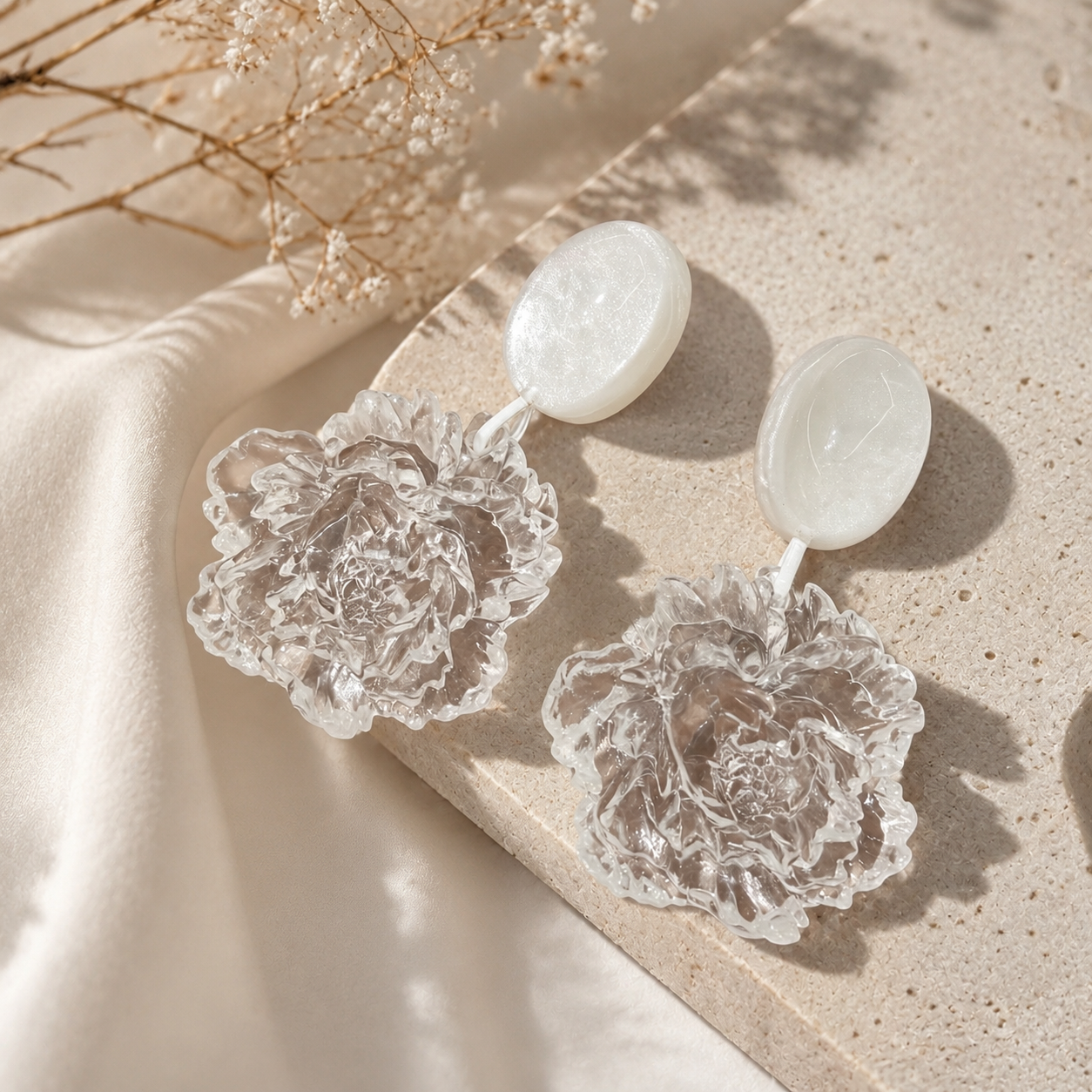 Transparent Floral Resin Statement Drop Earrings