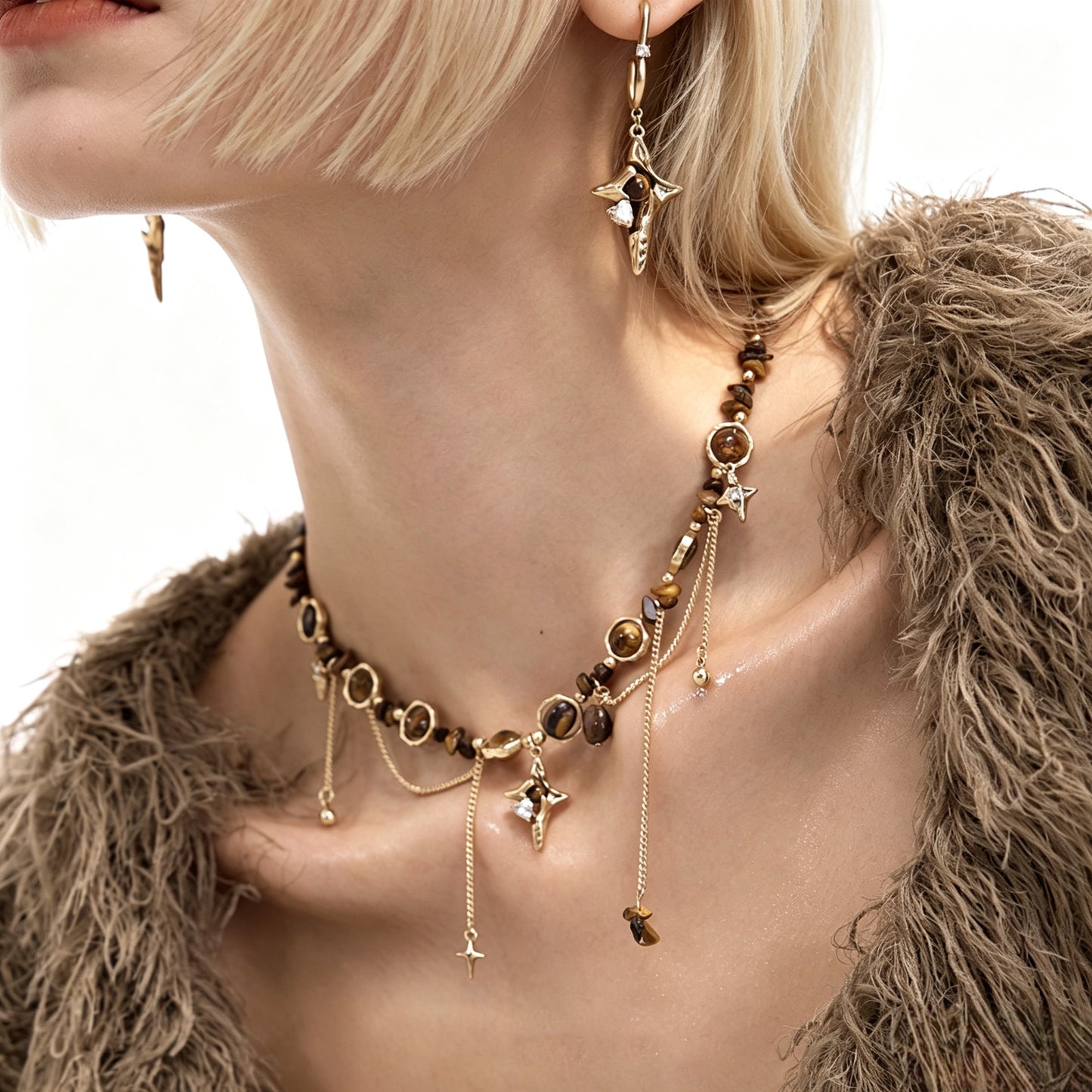 Tiger Eye & Gold Star Choker Necklace — Celestial Asymmetric Chain Drop ⭐
