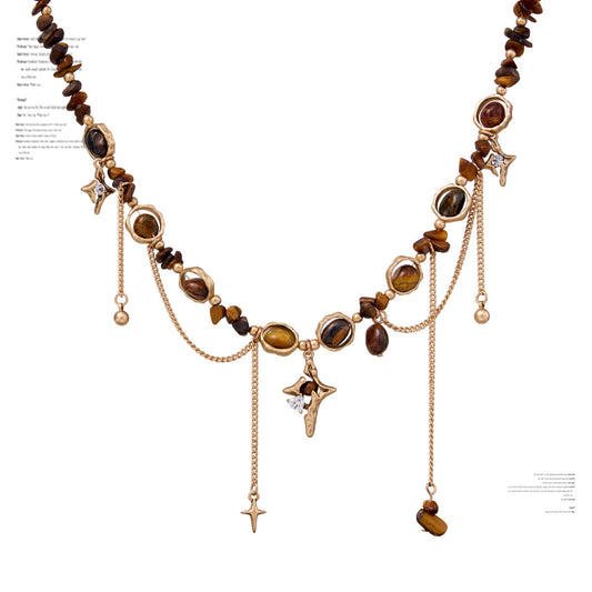 Tiger Eye & Gold Star Choker Necklace — Celestial Asymmetric Chain Drop ⭐