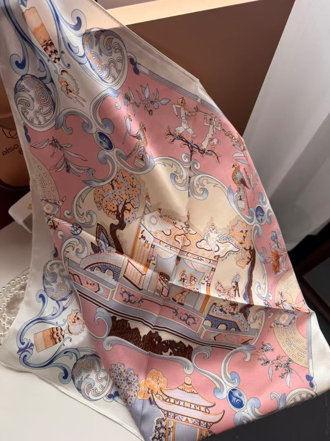 Romantic Chinoiserie Silk Scarf – Pink & Blue Oriental Garden Print