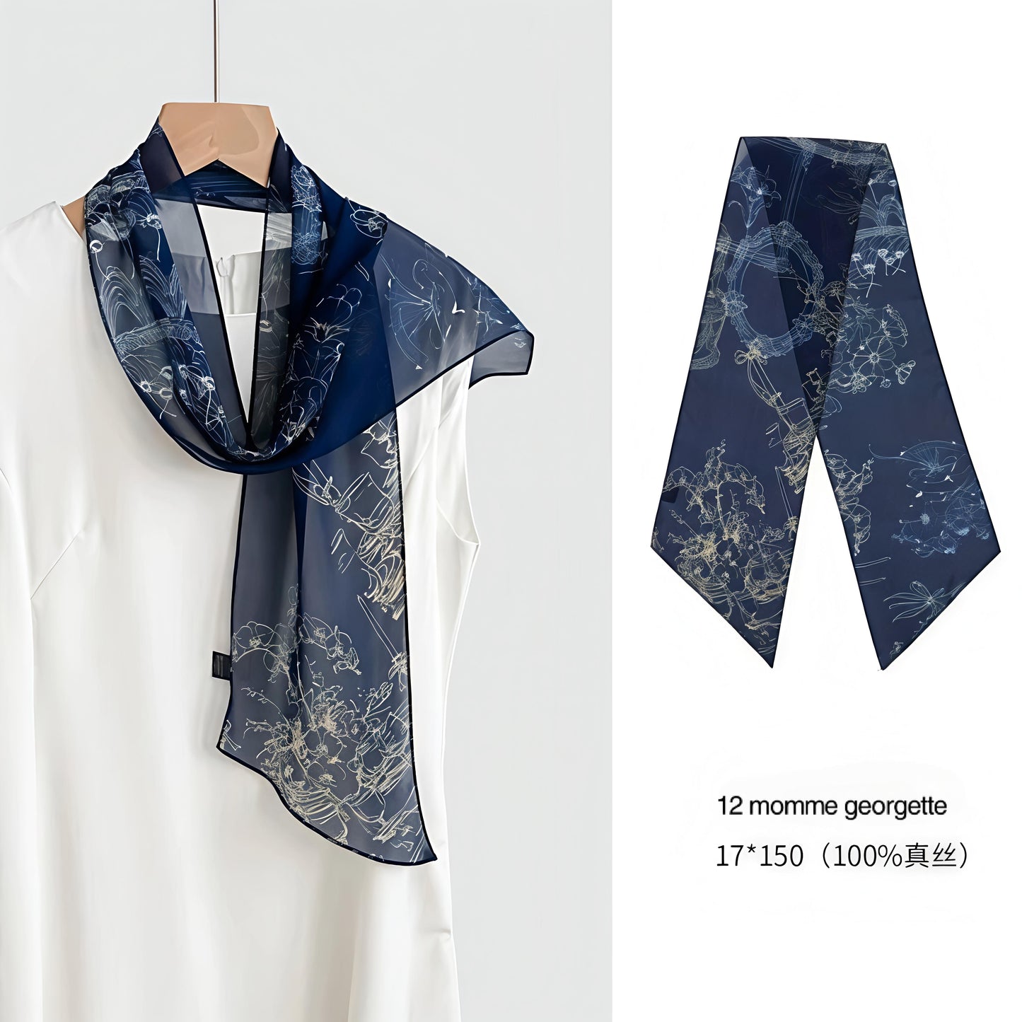 Navy Botanical Silk Scarf | Narrow 12 Momme Georgette
