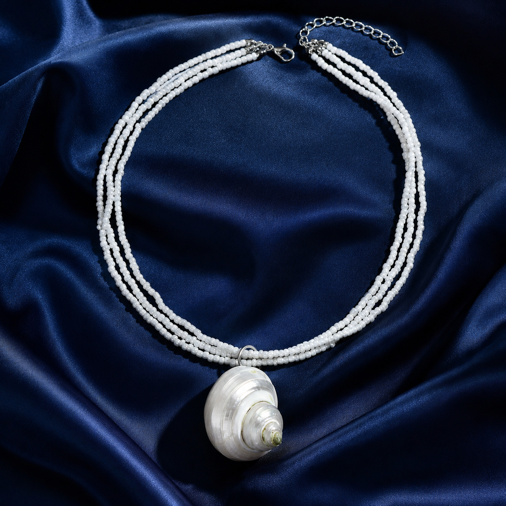 Whimsical Mermaid Conch Shell Pendant Necklace - 3-Layer White Bead Choker