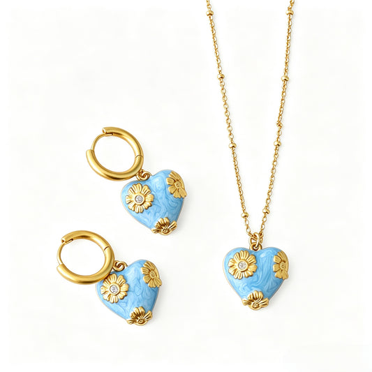 Azure Enamel Heart Necklace & Earring Set — Gold Daisy Detail, Summer Jewelry 💙