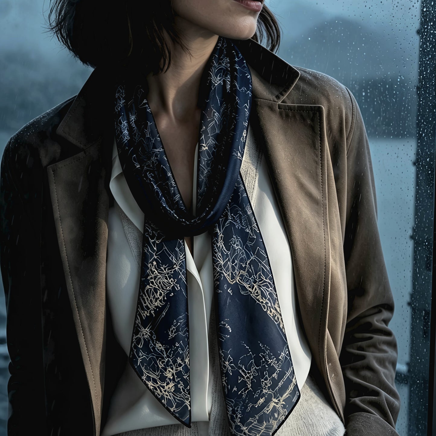 Navy Botanical Silk Scarf | Narrow 12 Momme Georgette