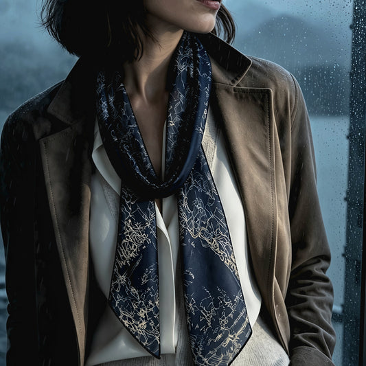 Navy Botanical Silk Scarf | Narrow 12 Momme Georgette