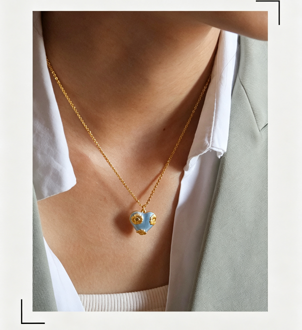 Azure Enamel Heart Necklace & Earring Set — Gold Daisy Detail, Summer Jewelry 💙